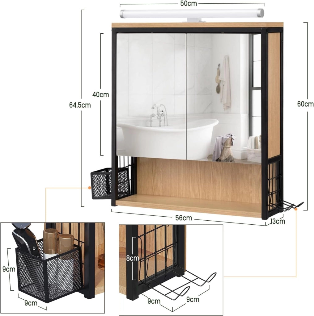 Specchio da Bagno con Contenitore e Luci, Pensile da Bagno con 2 Ante, 1 Scomparto Aperto e 2 Vani Chiusi, Ripiano Interno Regolabile, Nero + Rovere Chiaro, 56x14,5x60 cm