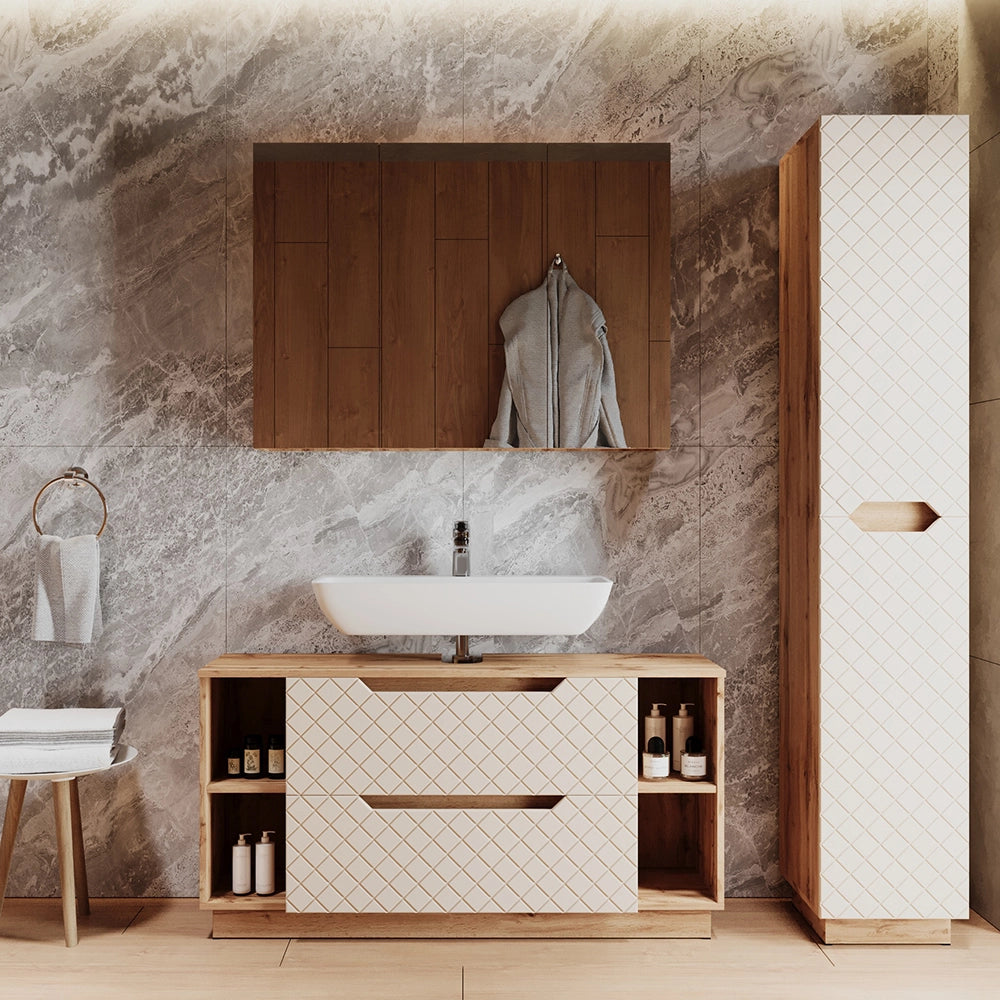 Vicco Set di mobili da bagno Rovere/cashmere con struttura in piastrelle 3 parti
