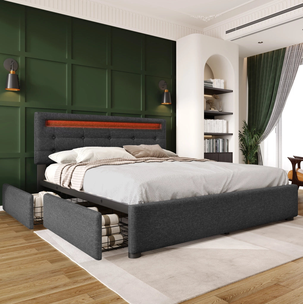 Letto imbottito 140x200 cm grigio con LED, 4 cassetti e materasso H3