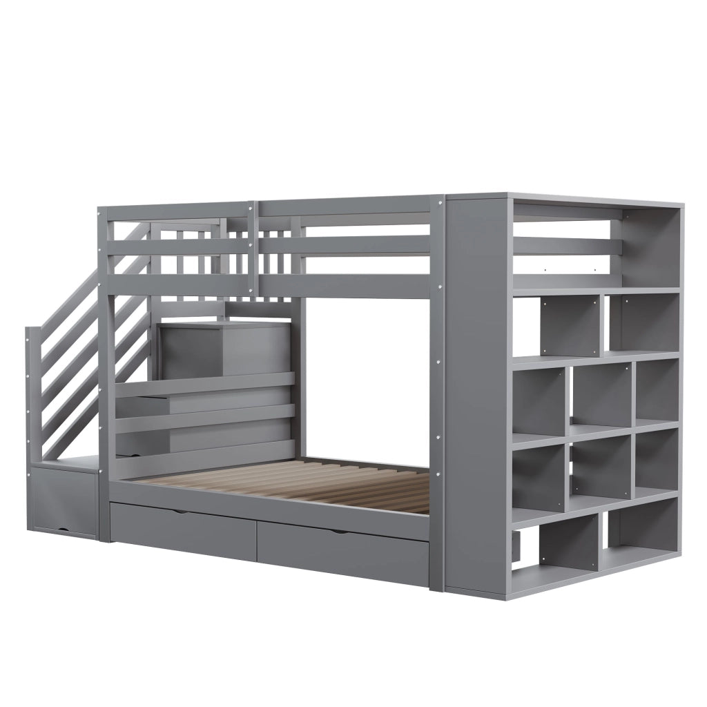 Letto a Castello 90x200 cm; Letto Singolo con Cassetti e Armadi; Scaletta; Grigio