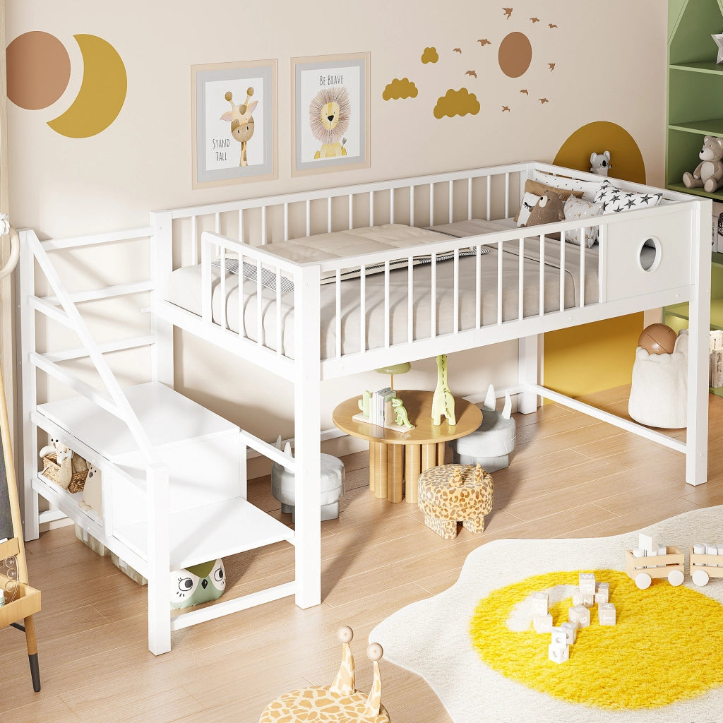 Letto a soppalco basso per bambini 90x200 cm in metallo, con scala contenitore, bianco