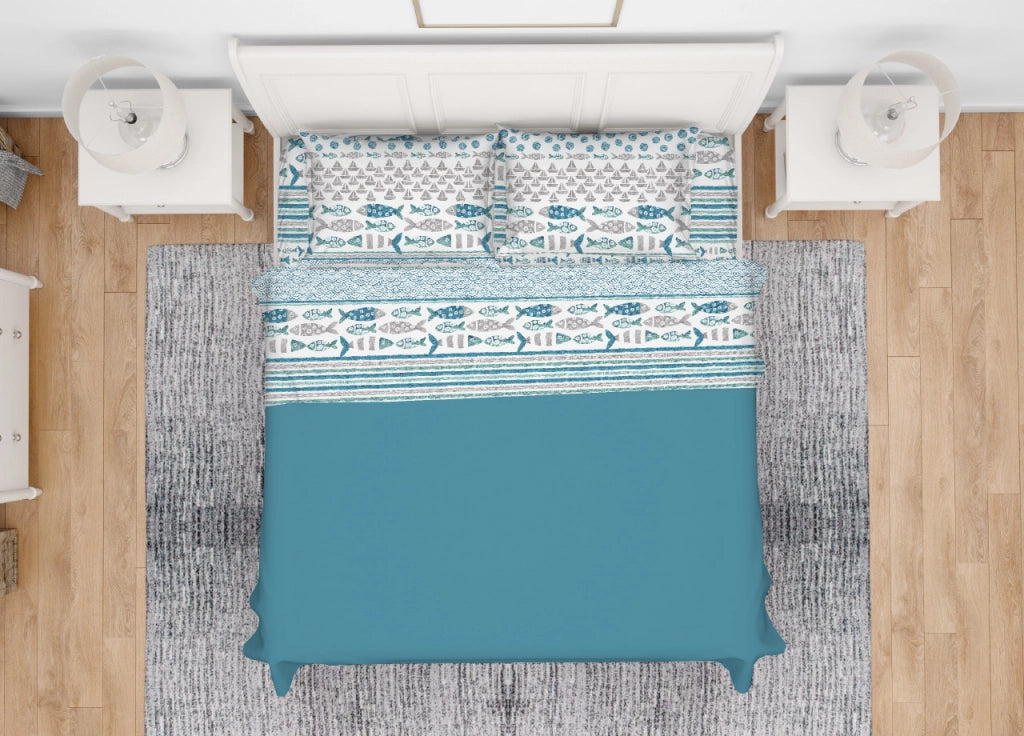 Completo Lenzuola Letto In 100% Cotone Made Italy Disegno Marino Pesci - Matrimoniale - Azzurro