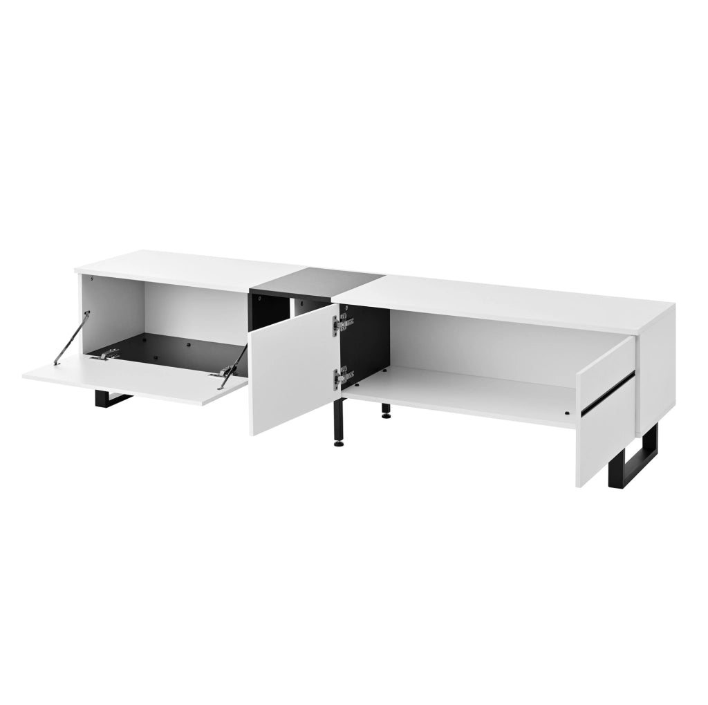 Mobile TV 180x38x45 cm con vano a ribalta; vano aperto e 2 ante in truciolare bianco