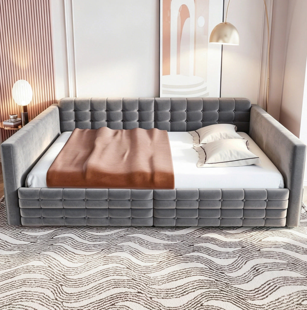 Letto imbottito 140x190 cm in velluto grigio con cassetti e tasche laterali