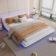 Letto a pavimento 160x200 cm bianco in PU con luci LED regolabili