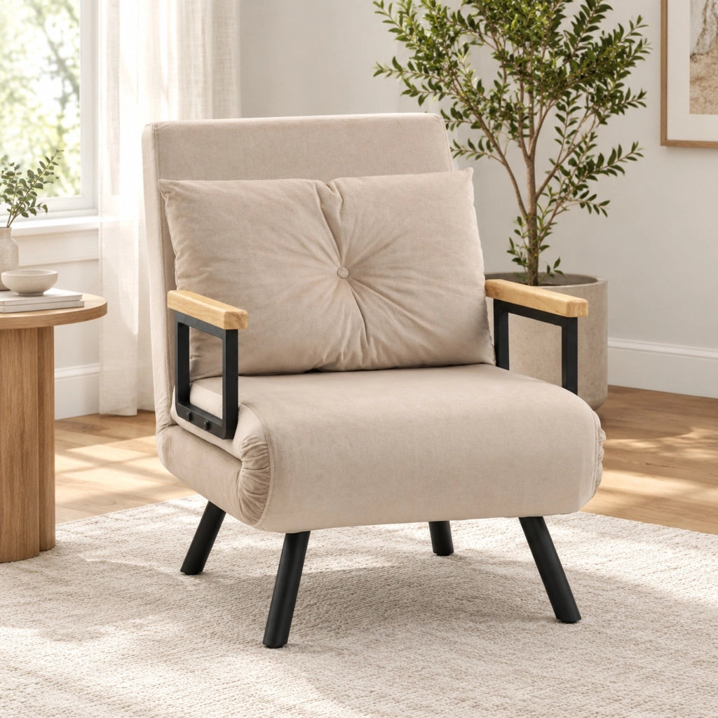 Poltrona letto beige in tessuto effetto velluto reclinabile