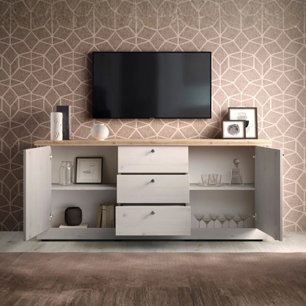 Madia shabby Winchester 2 ante e 3 cassetti colore bianco meringa e rovere Cadiz 211x44x88H