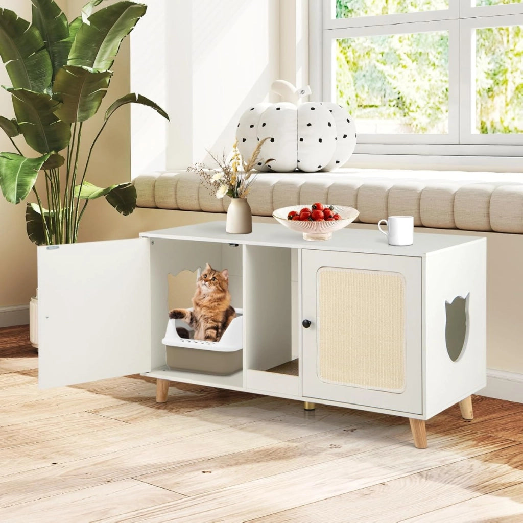 Lettiera per gatti enclosure per 2 gatti con toilette nascosta, Mobile laterale in legno moderno Bianco