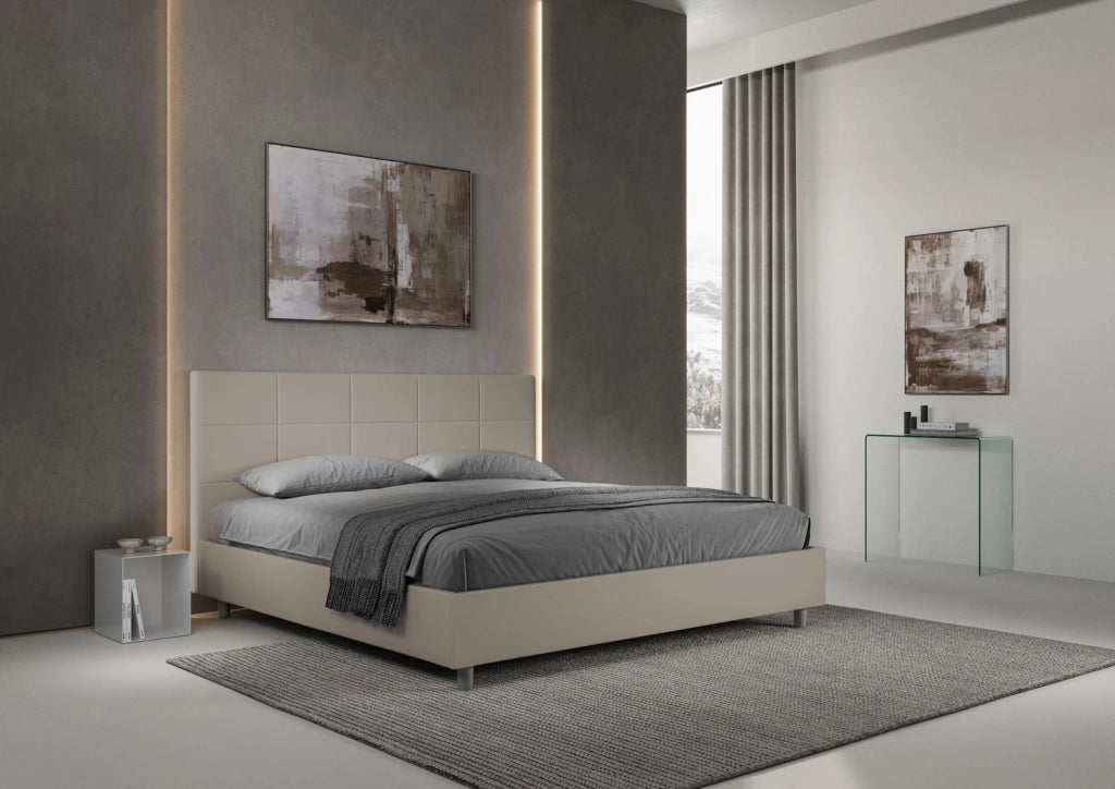 Letto Matrimoniale King Size 180x190 cm Senza Rete Imbottito in Similpelle Mika Tortora