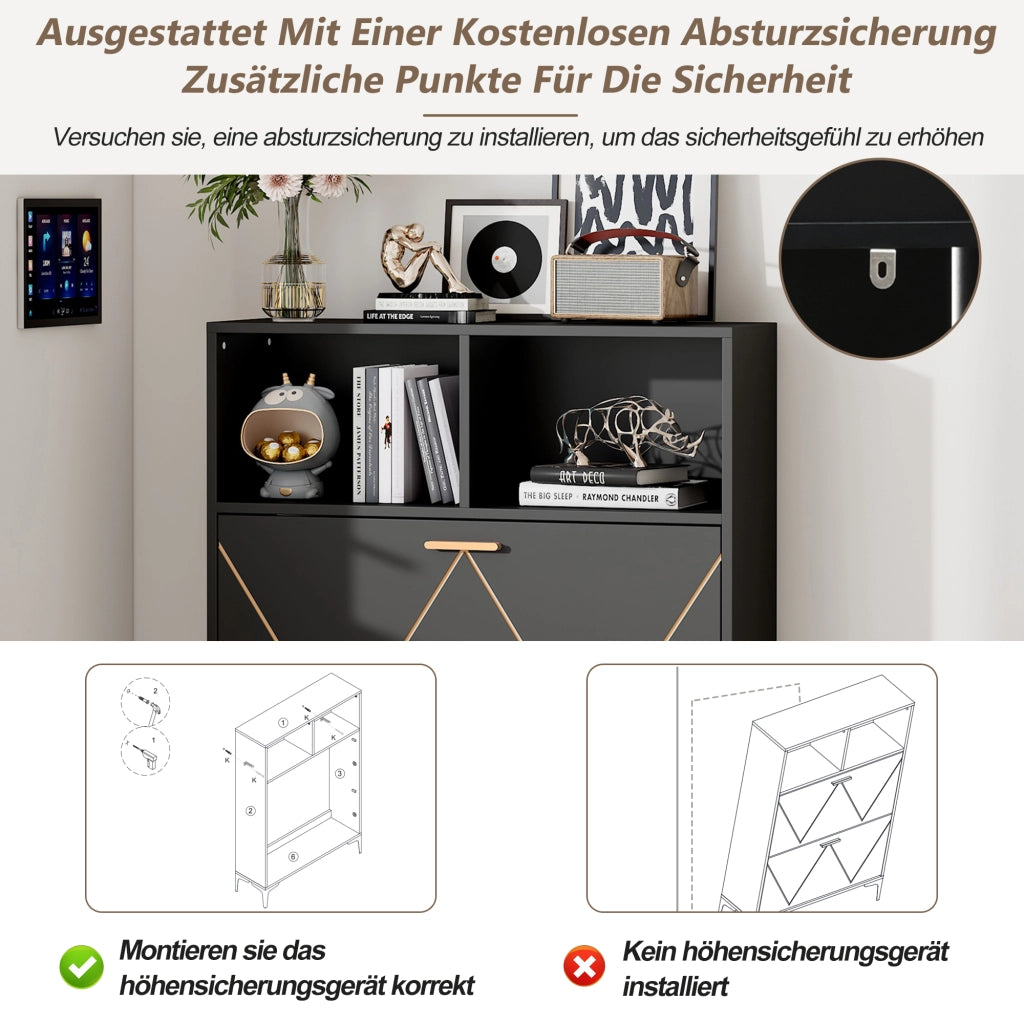Scarpiera con 4 ante ribaltabili e 4 vani aperti, mobile ingresso con piano d'appoggio, in MDF nero, 80 × 25 × 117 cm