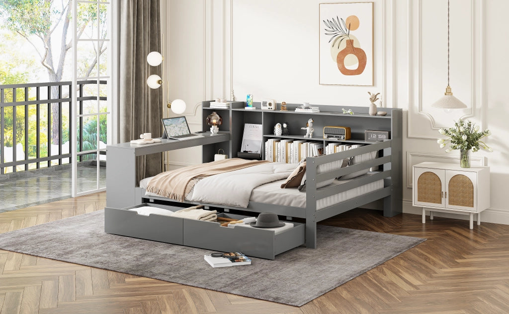 DESMIU Divano letto 140 × 200 cm per 2 posti con scrivania, ripiani, USB e Type-C, senza materasso, grigio