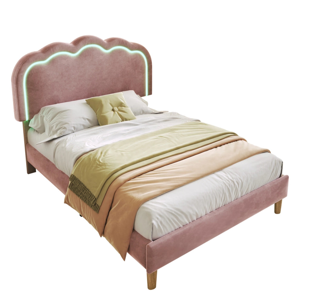 Letto imbottito LED 90x200 cm in velluto rosa con testiera regolabile