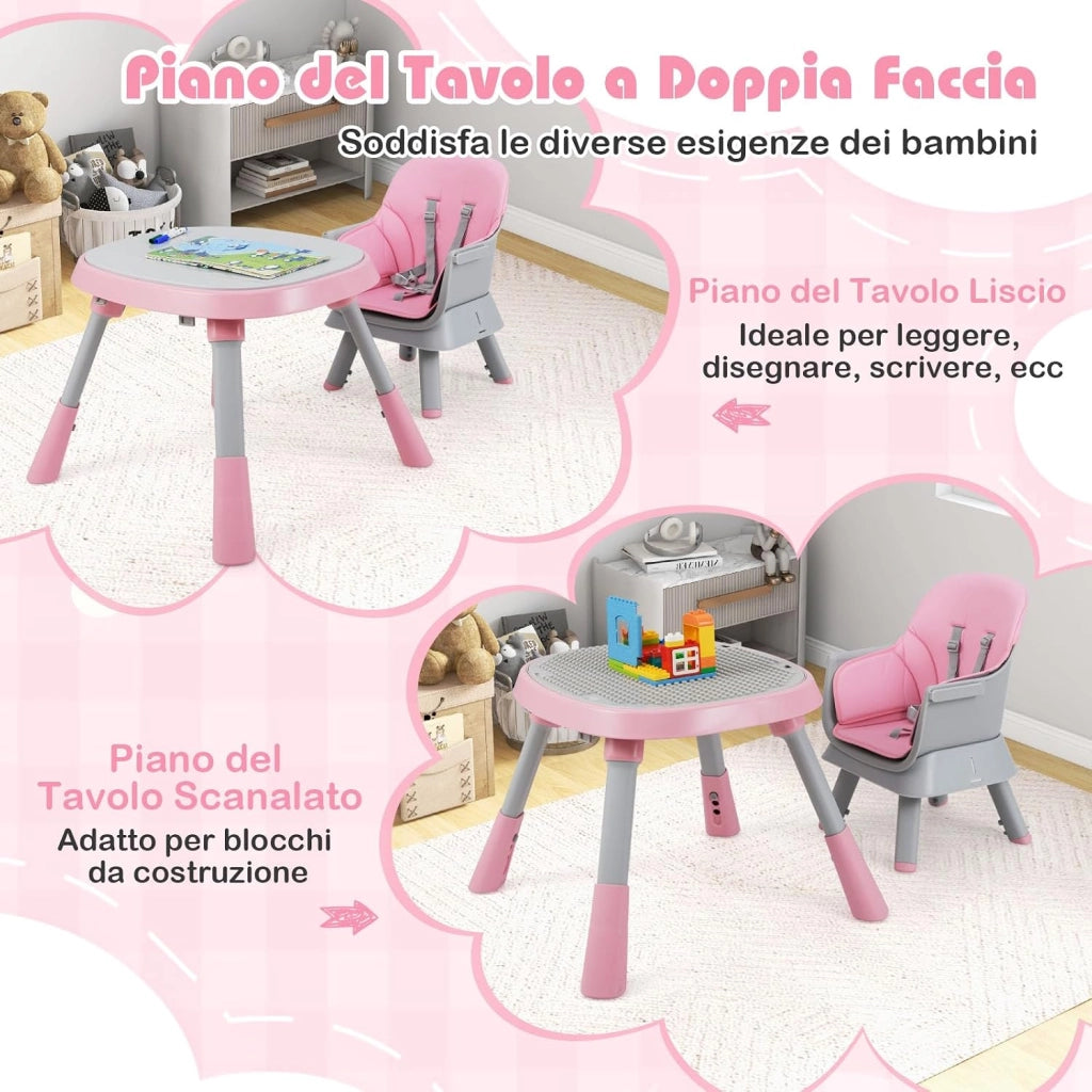 Seggiolone Pappa Bambini, con Cintura e Vassoio Rimovibile (Rosa) | Sedia Evolutiva per Neonati 6-36 Mesi con Cintura e Vassoio Rimovibile, 3 Giochi e Cestino