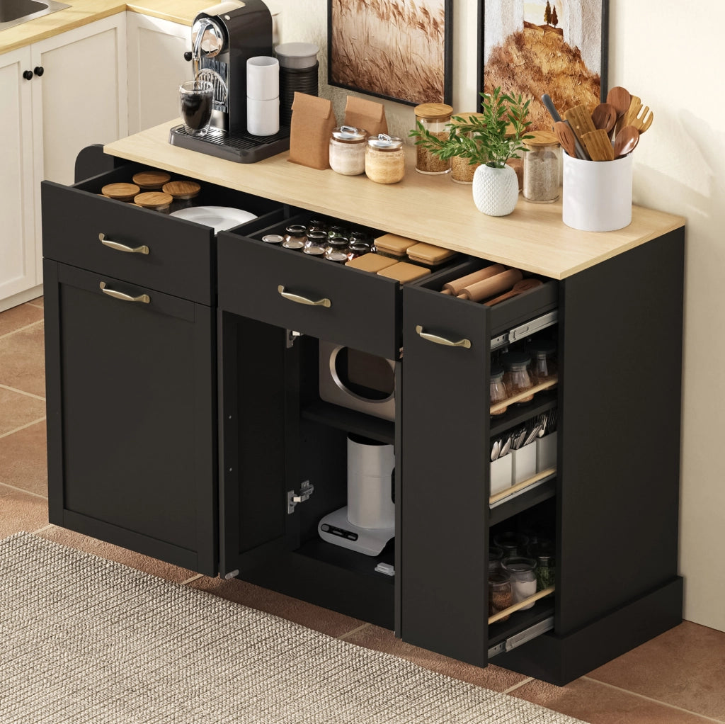 Credenza 133.5x40x86 cm con vano per bidone; ripiani organizzati in MDF nero