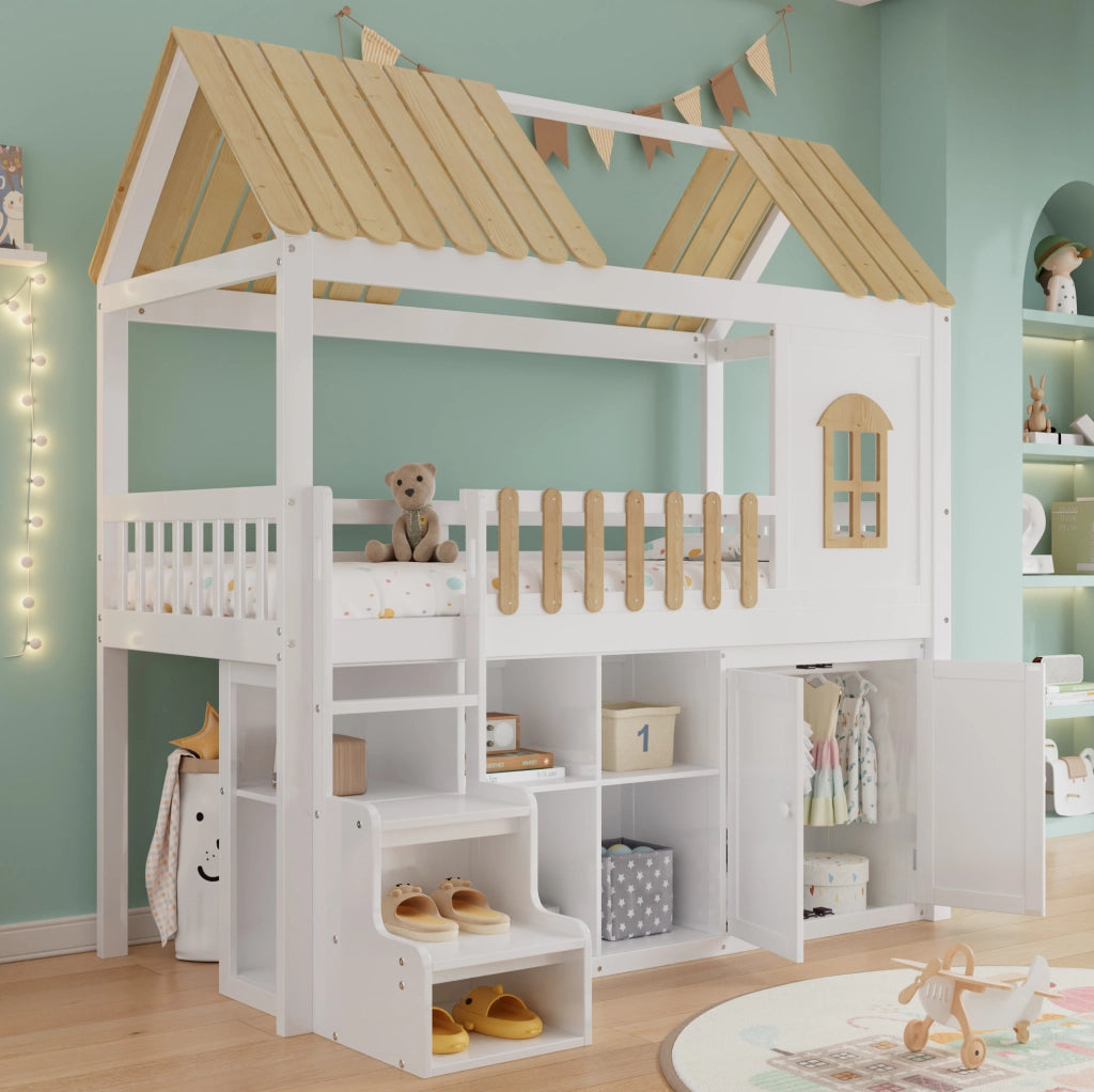 Letto a soppalco per bambini 90x200 cm con armadio