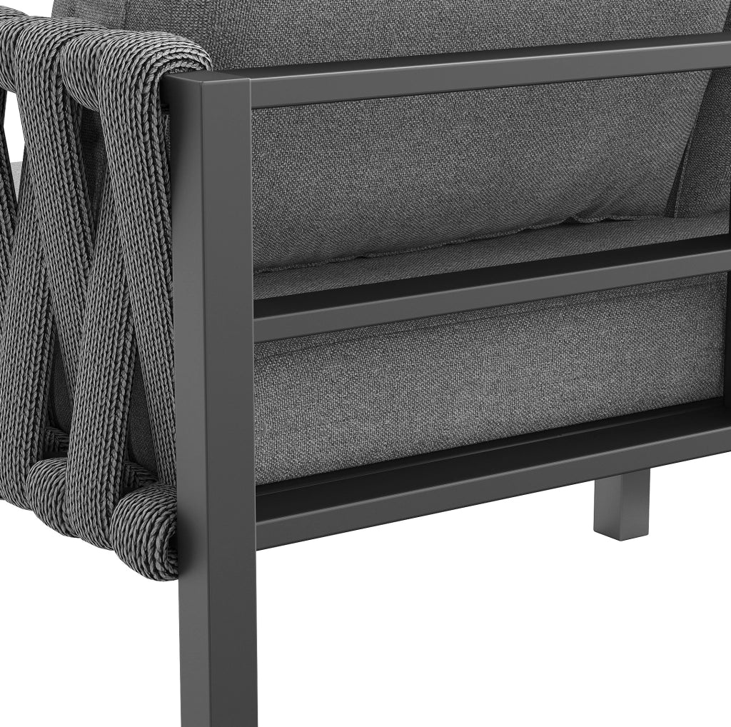 Set mobili da giardino angolare in metallo grigio con tavolino in vetro temperato e cuscini