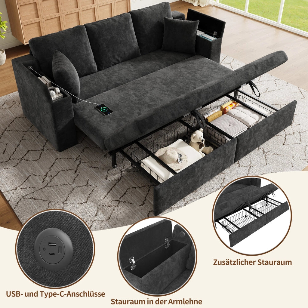 Divano letto 3 posti con funzione letto, vano portaoggetti e porte USB e Type-C, in ciniglia grigia 210,5 × 192 × 93 cm