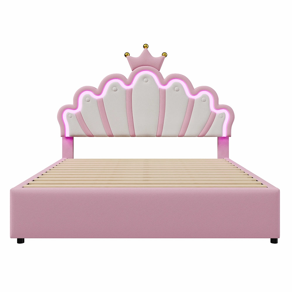 Letto matrimoniale-Xylo-140x200 cm-2 cassetti, LED, testiera corona, PU rosa