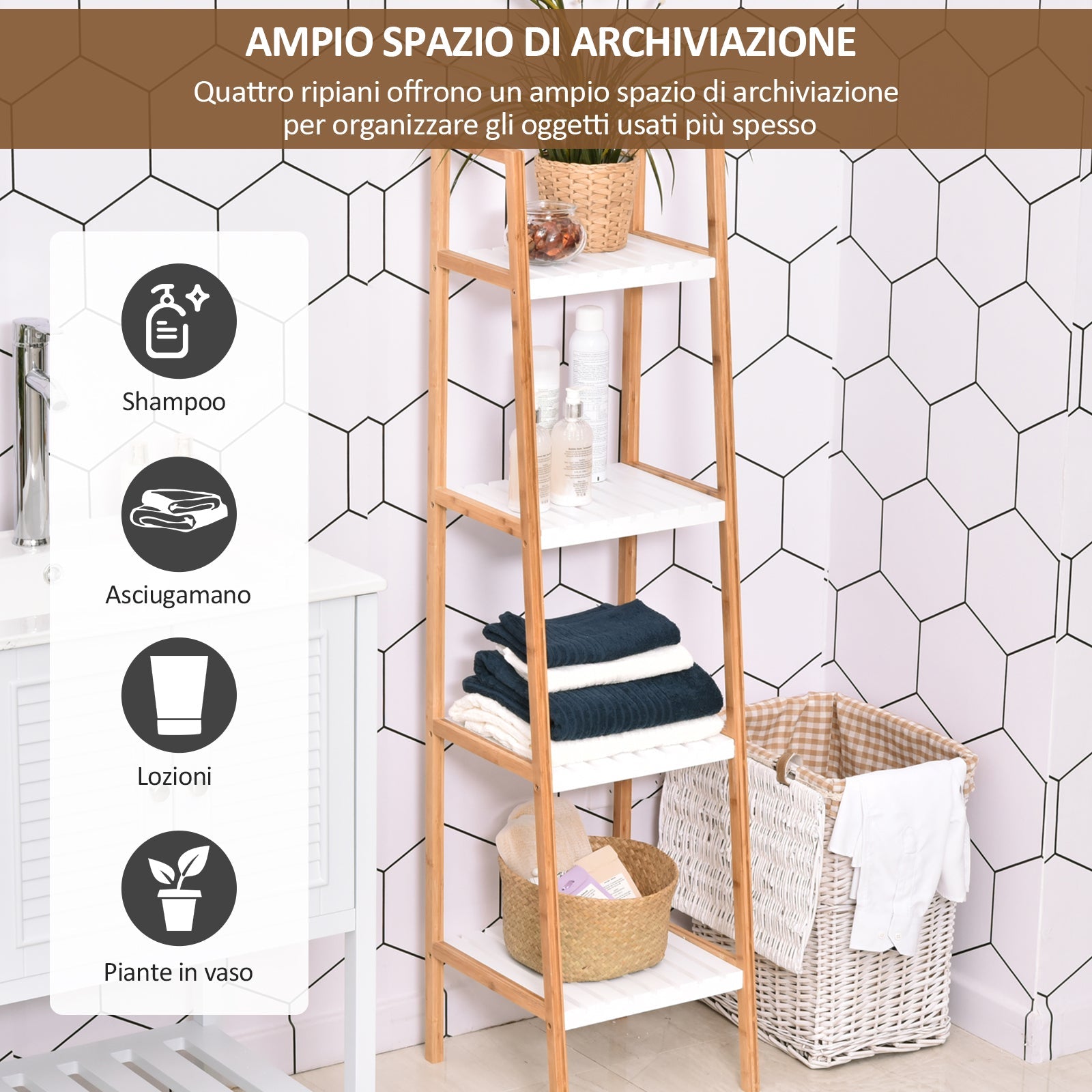 Scaffale Bagno 4 Ripiani Autoportante 35x36x138,5 cm in Legno Bianco