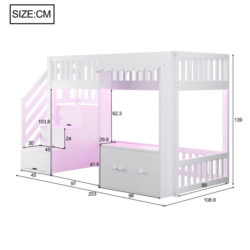 Letto a Soppalco Singolo con Armadio, Scala, LED e Rete a Doghe ¨C Xylo ¨C Bianco 90x200