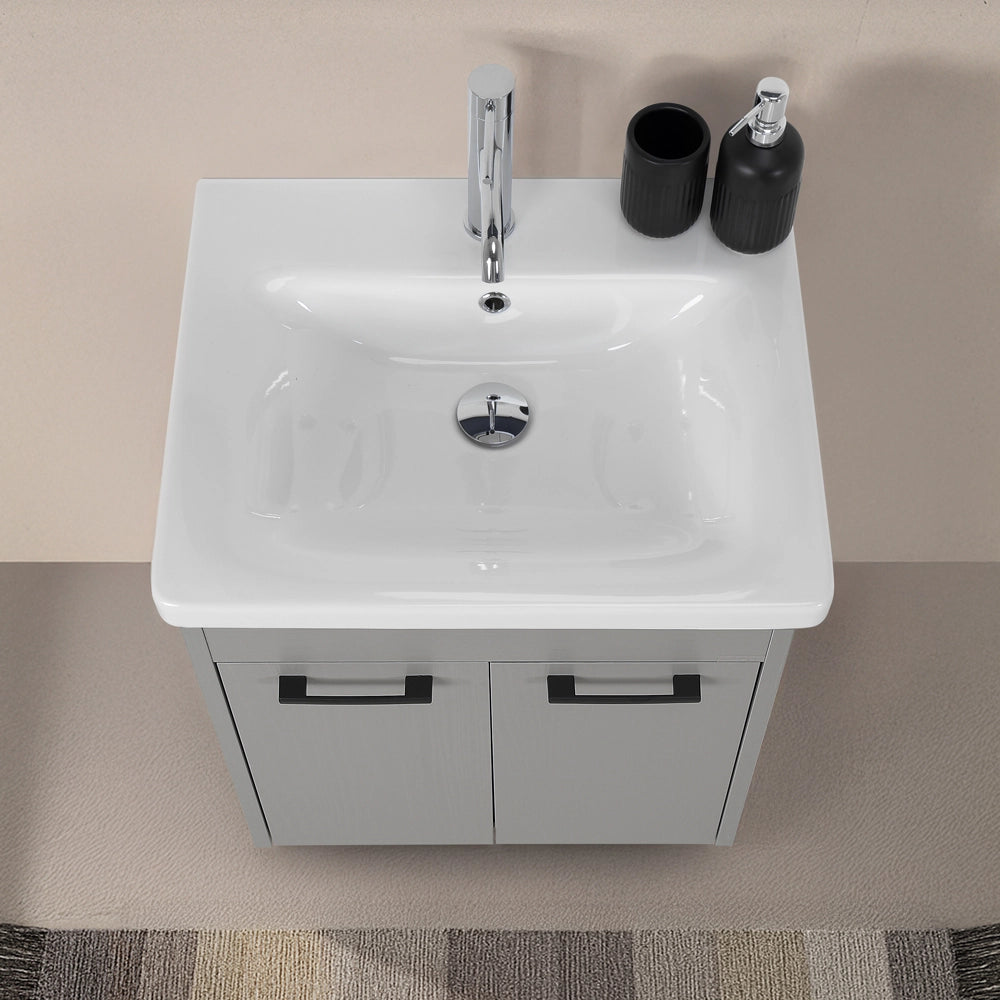 Mobile bagno sospeso 55 cm grigio chiaro effetto legno con armadietto a specchio Sofia