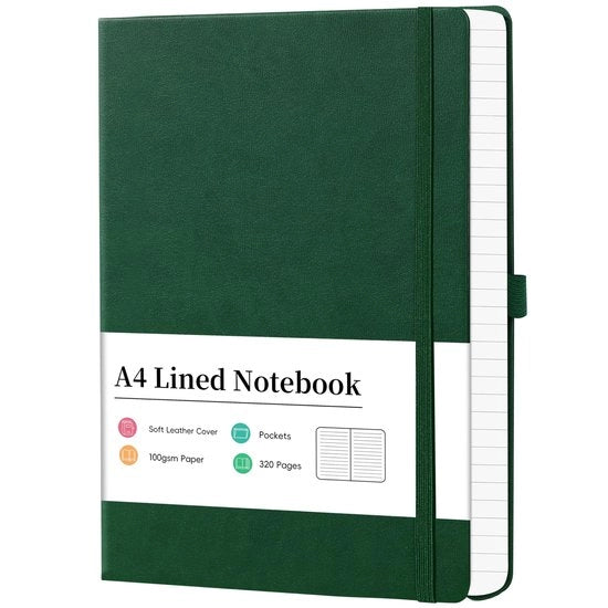 Agenda A4 320 pagine - Copertina rigida - Pelle artistica - Cerniera a doppia riga - Penne - Cintura elastica - 21,5 x 27,9 cm - Libro da scrivere