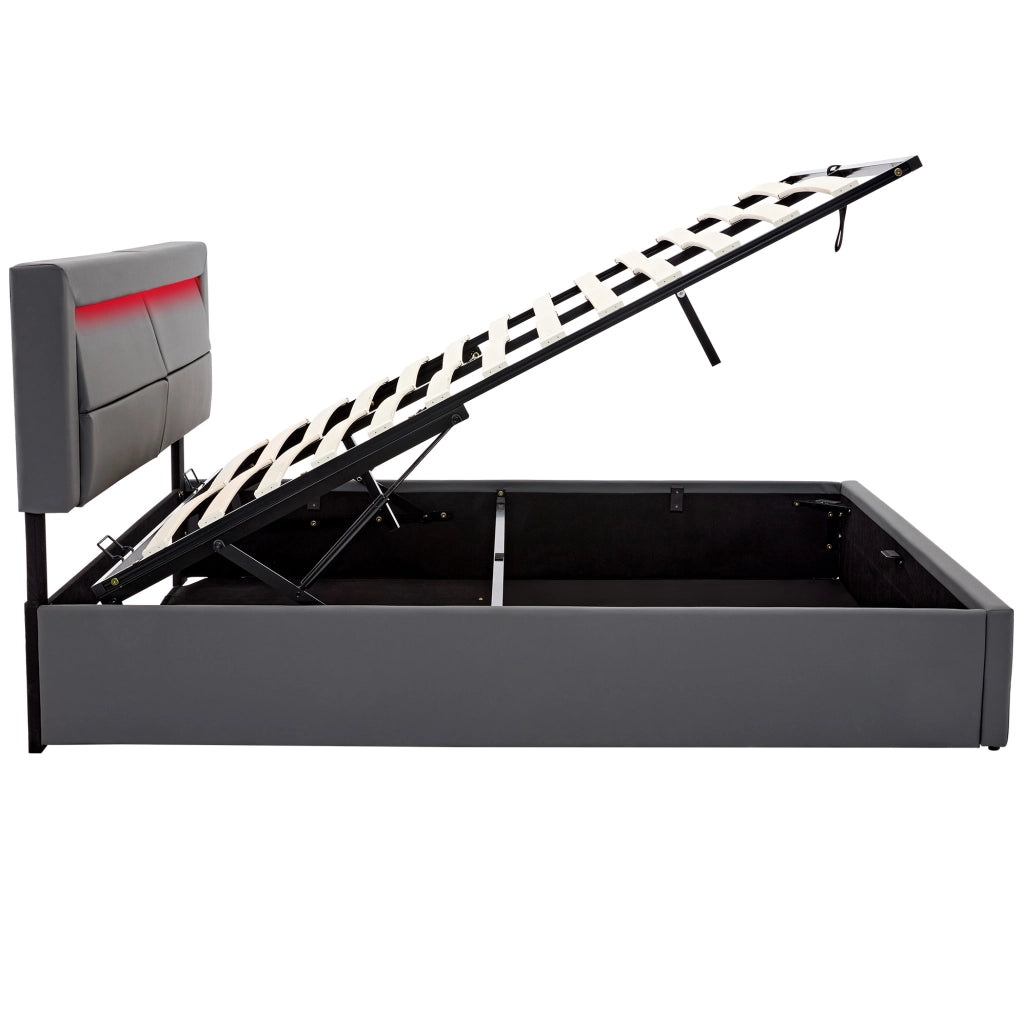 Letto imbottito 140x190 cm con USB; ricarica wireless; LED e contenitore; PU grigio