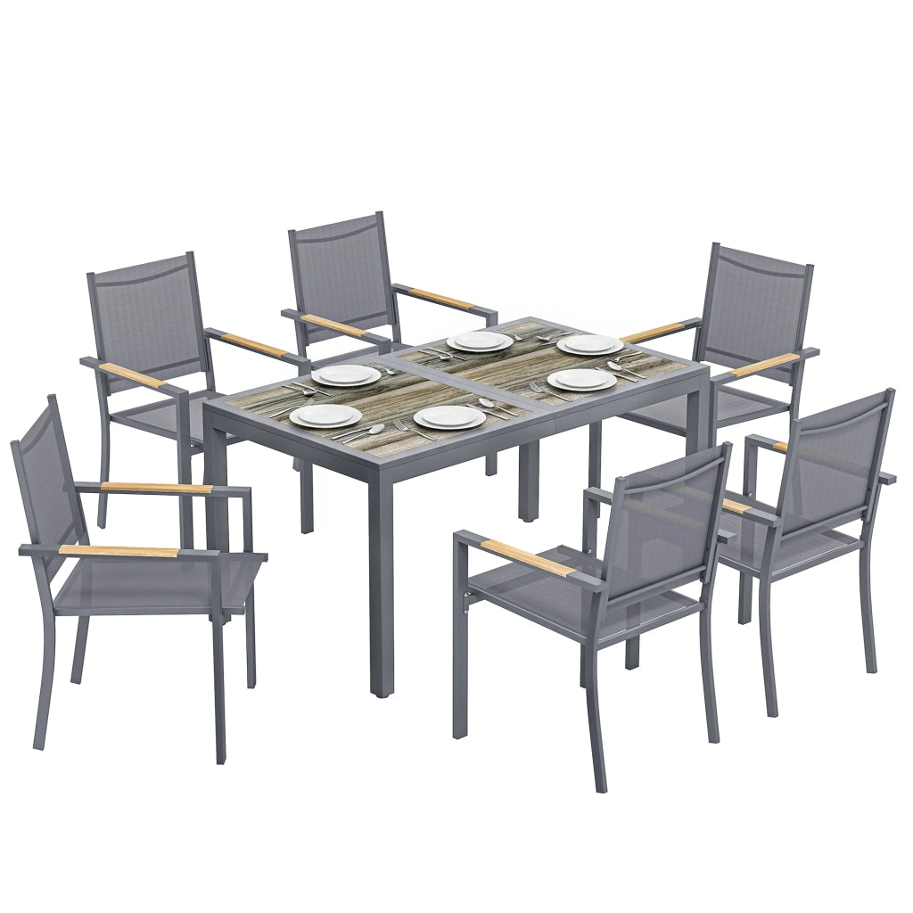 Set Tavolo da Pranzo 7 Pezzi - Xylo - Effetto Legno 6 Sedie Impilabili Textilene Grigio Giardino 140x80x72cm