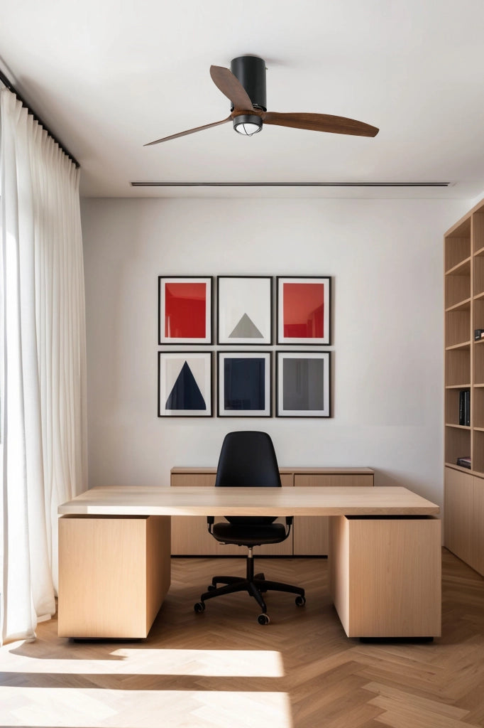 FARO Ventilatore da soffitto con luce MINI TUBE FAN Ø1280 mm 17 W 3000 K luce calda 6 velocita motore DC funzione inversa telecomando nero opaco acciaio e vetro pale ABS finitura noce FARO-3204