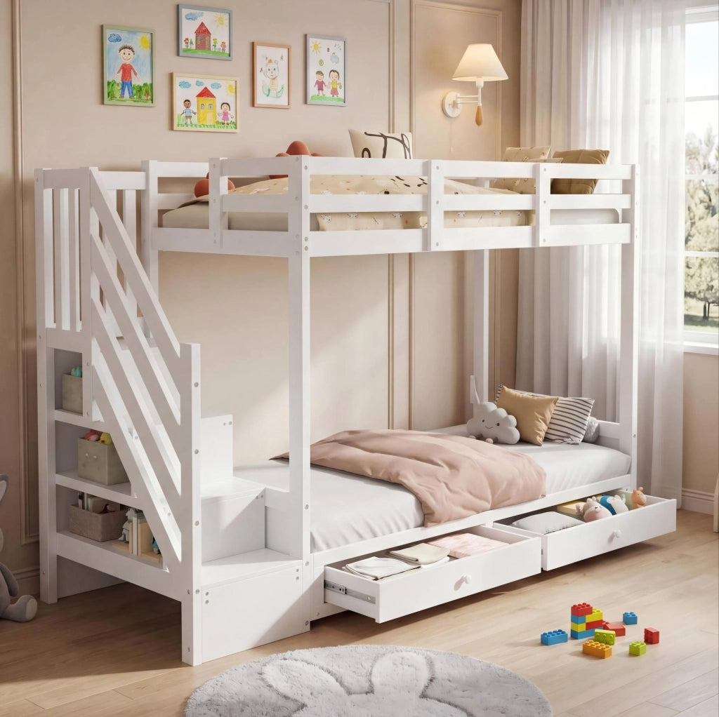 Letto a castello multifunzione 90x200 cm in legno massello e MDF; bianco; con scala contenitore e cassetti