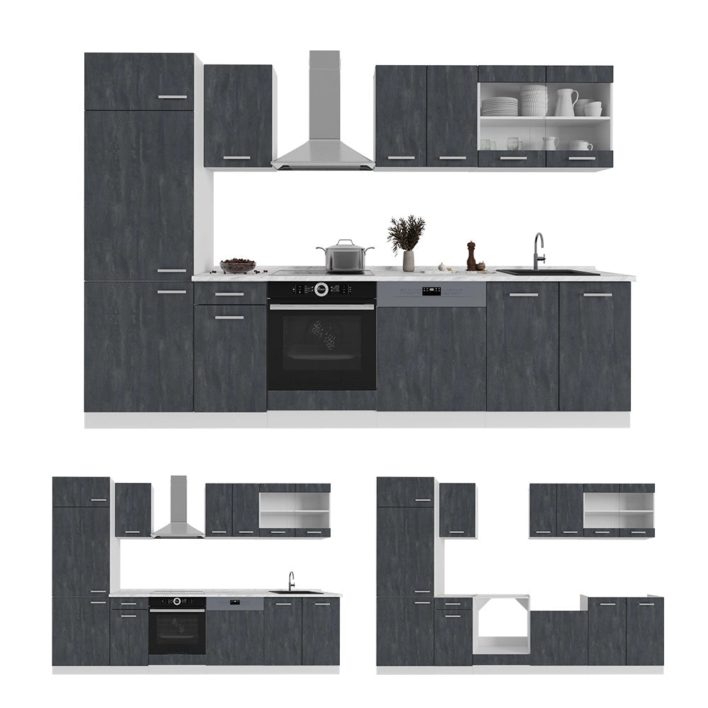 Cucina componibile R-Line Calce nera/Bianco 300 cm senza piano di lavoro Vicco
