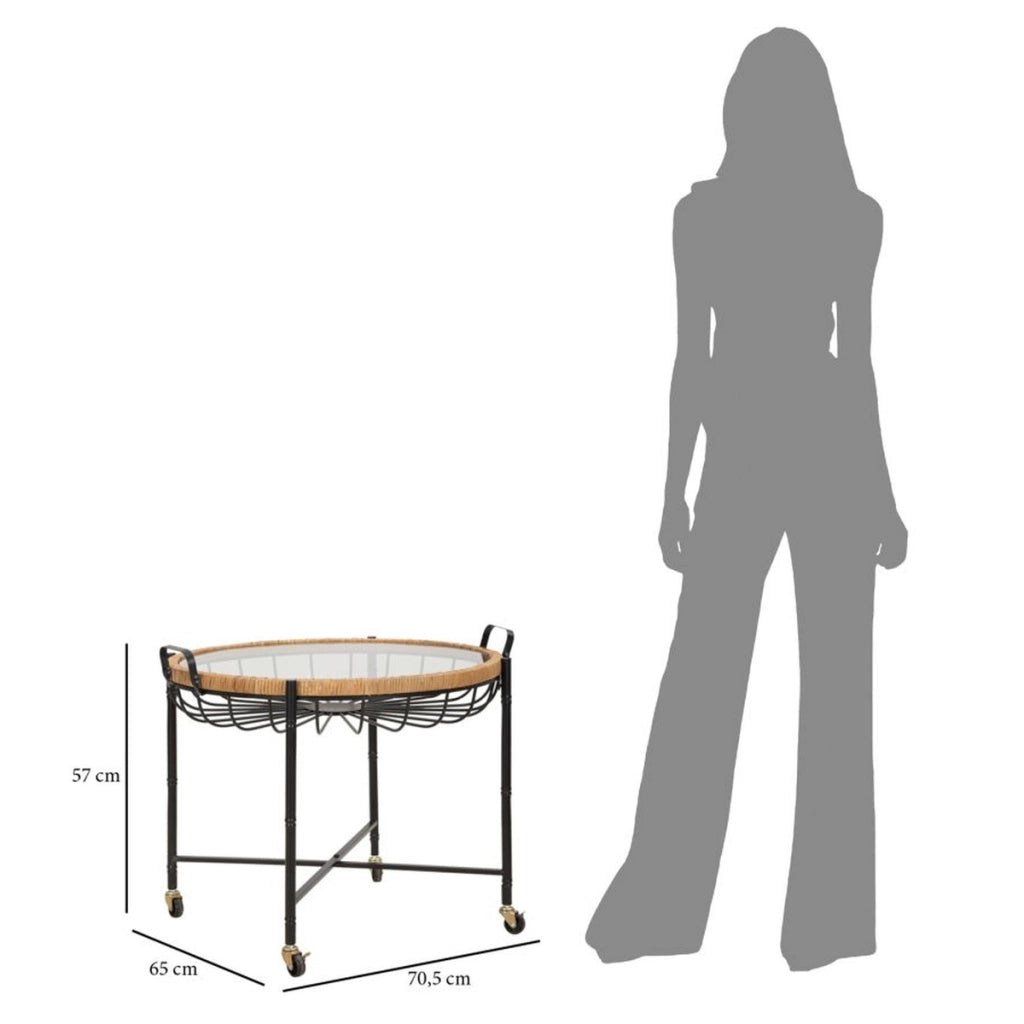 Tavolino Cebu con piano in vetro e ruote, ferro e rattan — 70,5x65x57 cm