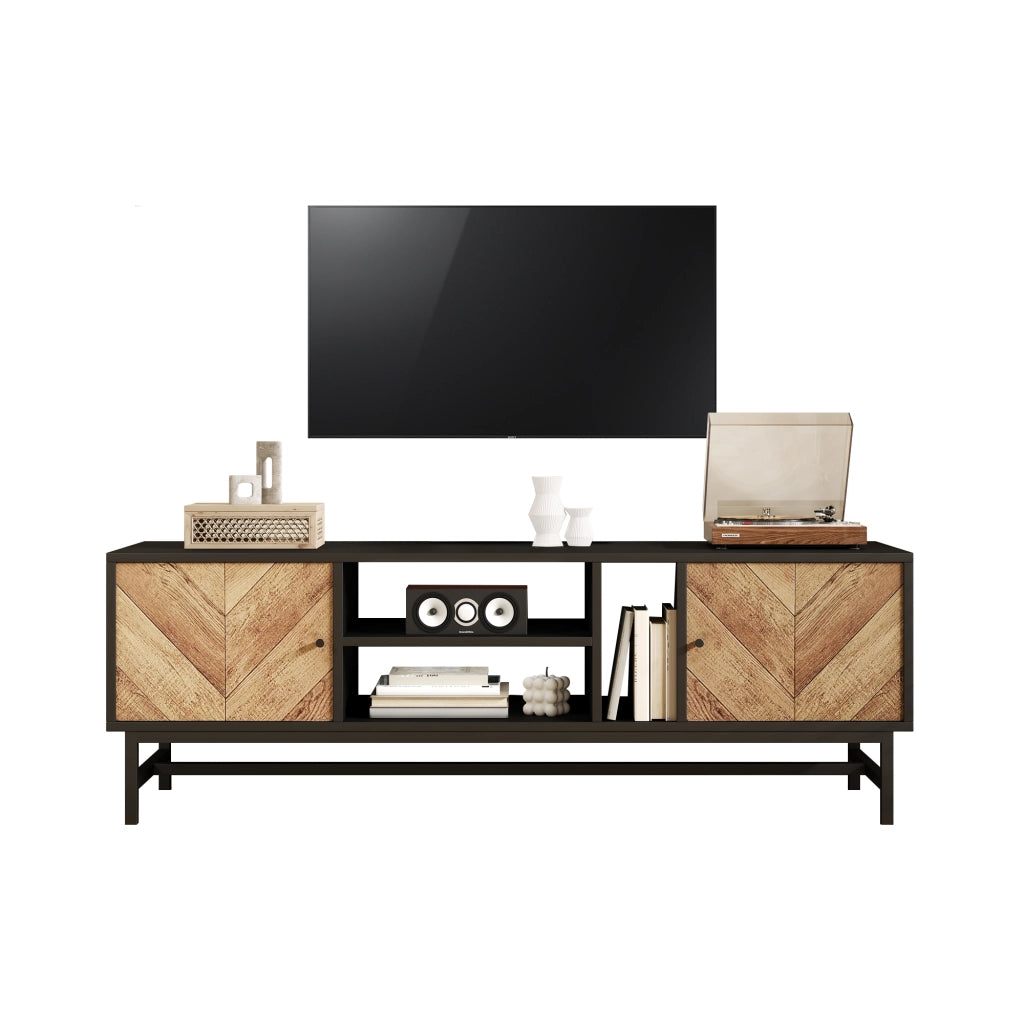 Mobile TV con 2 Ante e 3 Vani; Stile Moderno Minimalista; Soggiorno; 150??38??55 cm; in Truciolare e Ferro; Nero e Naturale