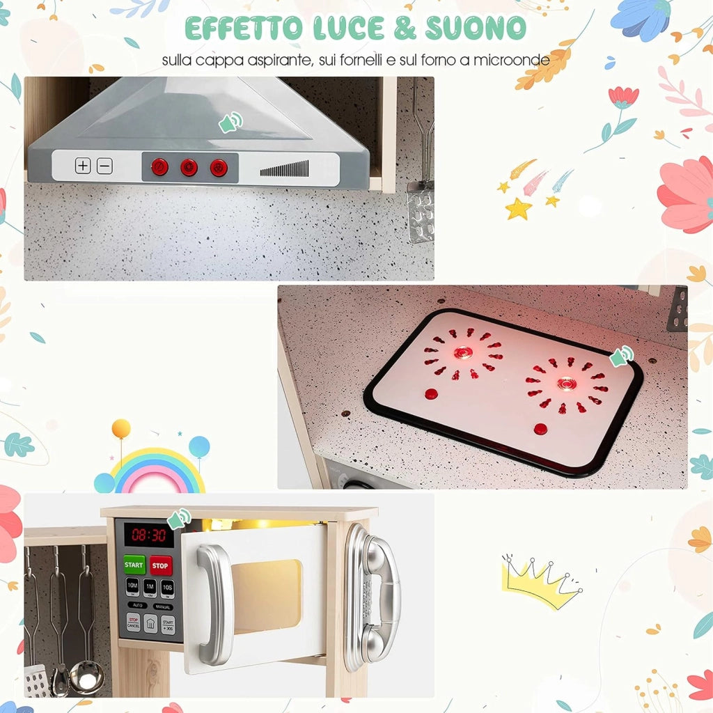 Cucina Giocattolo Legno per Bambini con Macchina del Ghiaccio, Telefono, Lavatrice, Forno, Microonde, Lavello e Rubinetto, Funzione Luci e Suoni, 3+ Anni