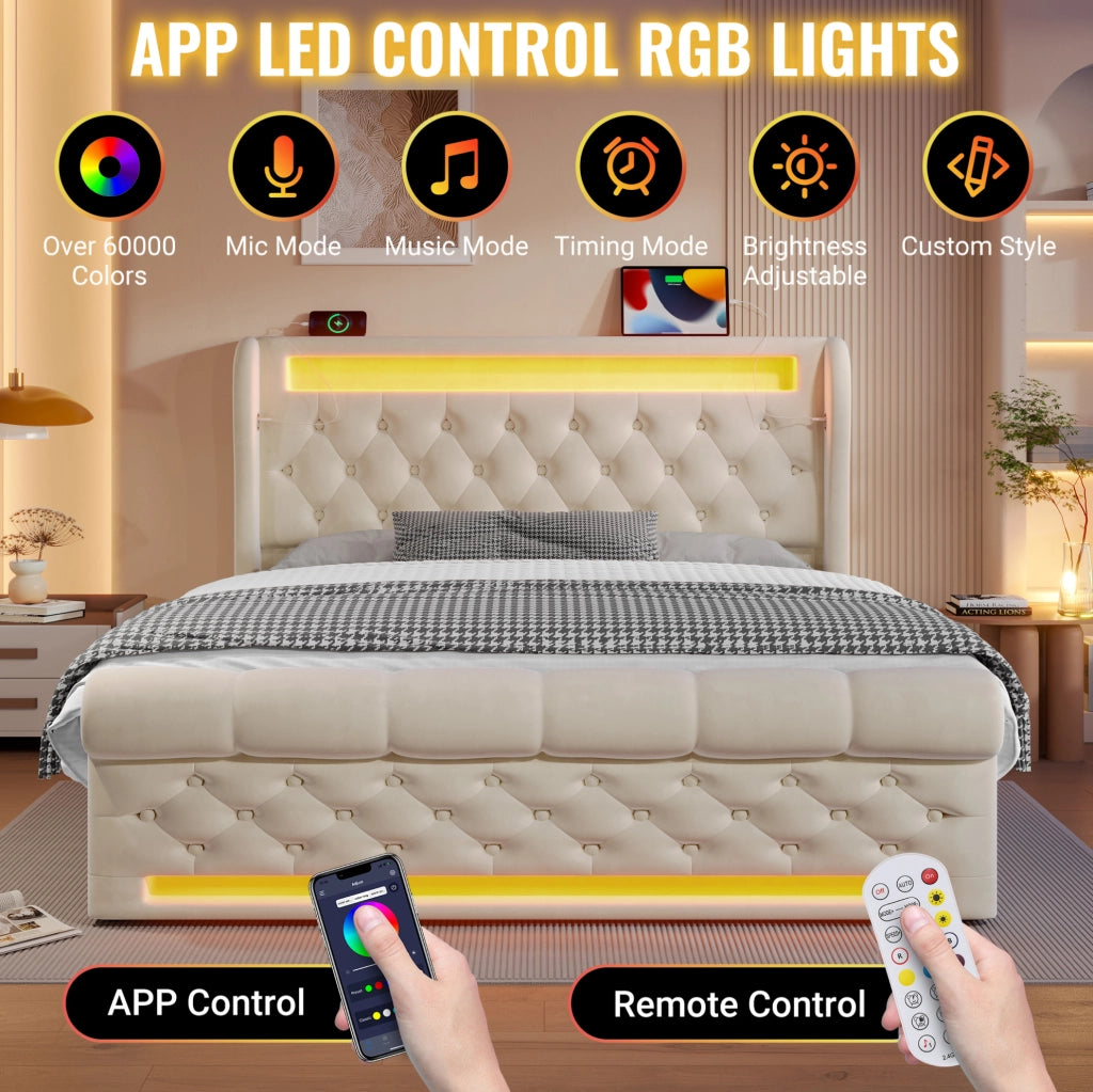 Letto imbottito contenitore 160x200 cm con LED; USB e Type-C; velluto beige con materasso