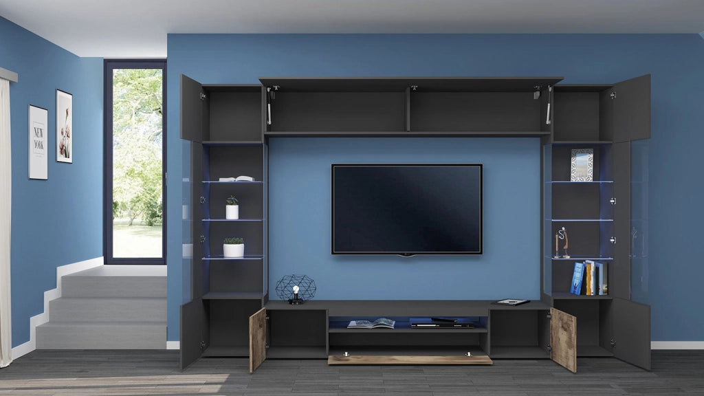 Parete Attrezzata Soggiorno 290x40x190 cm New Egypt Ardesia/Acero Pereira