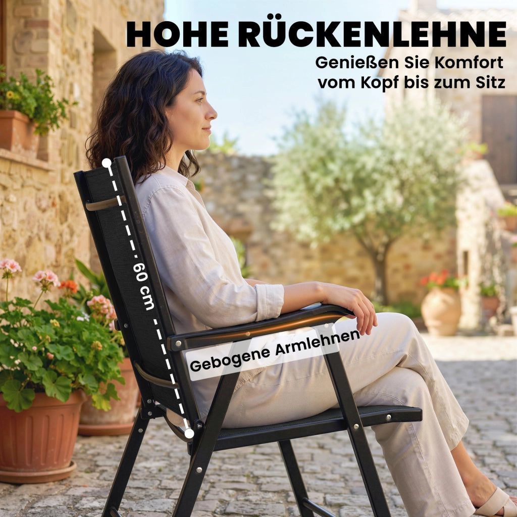 Set di 2 sedie pieghevoli da giardino con schienale alto in testeline in acciaio 58 x 62 x 97 cm nera