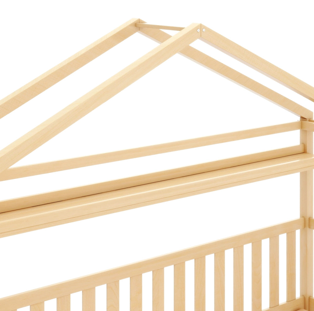 Lettino a casetta per bambini con 2 cassetti e scaffale; 90x200 cm; legno naturale