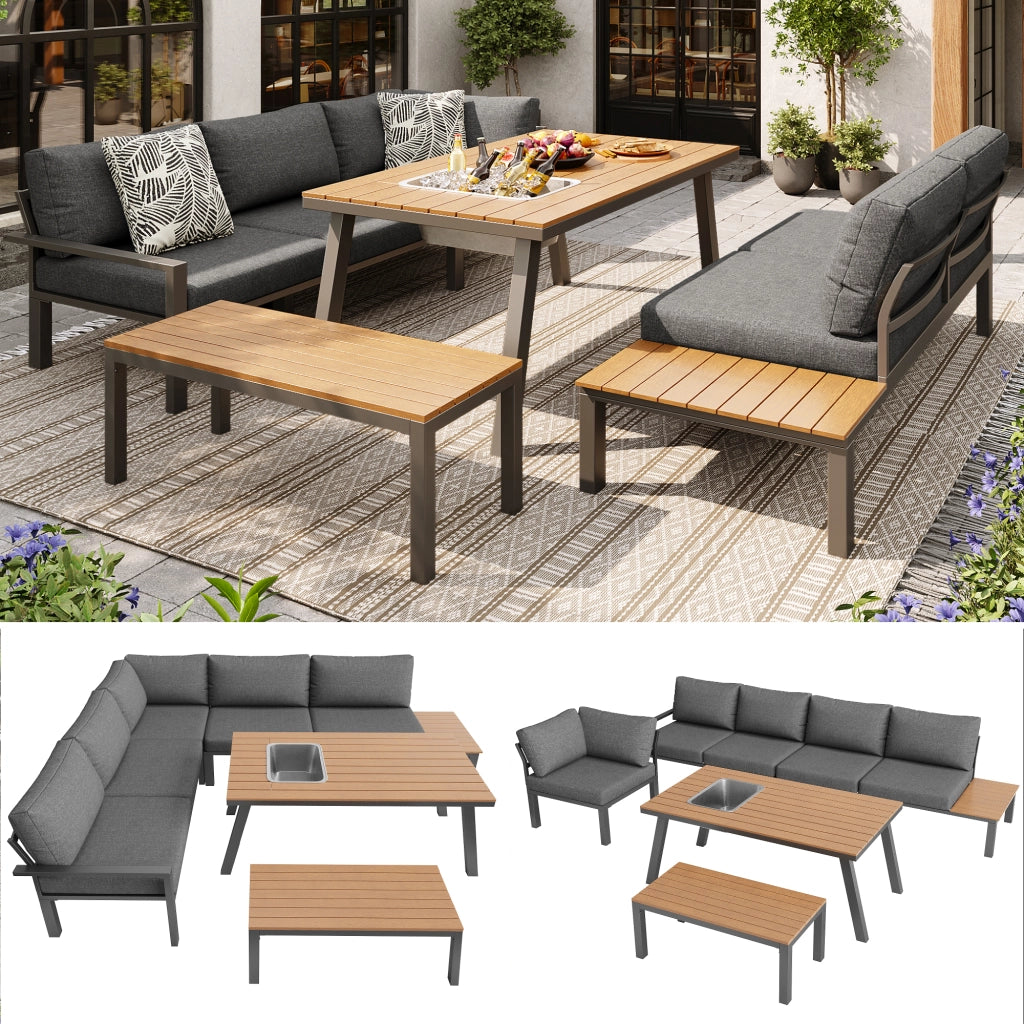 Set salotto giardino 6-7 persone: sedute + set pranzo; ferro zincato; tavolo secchiello ghiaccio; resistente