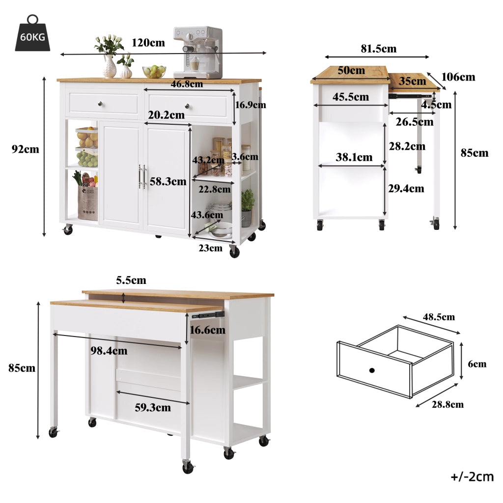 Isola da Cucina con Ruote ¨C MINIMAL ¨C Legno, 2 Cassetti, Grande Spazio