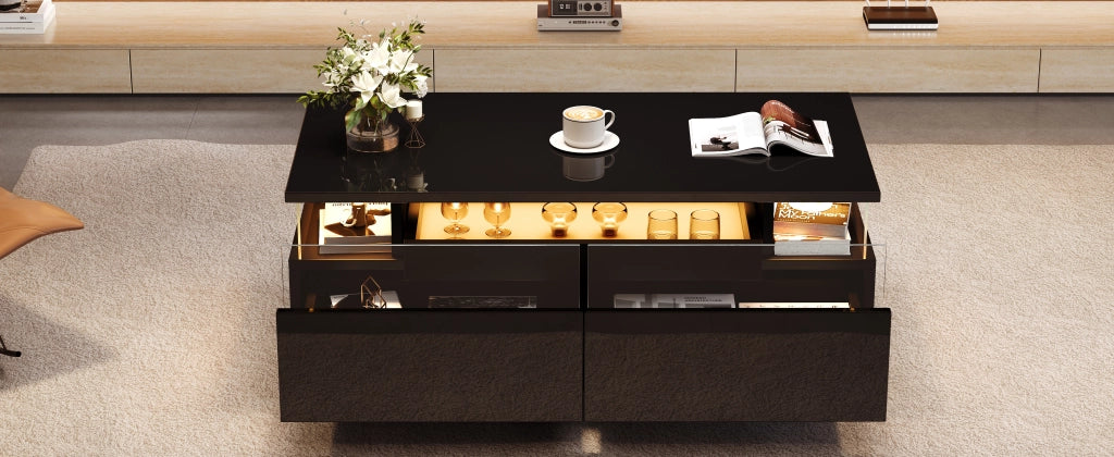 TAVOLINO DA SALOTTO 90 x 45 x 35,5 cm Nero lucido con LED