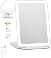 Specchio di Trucco con Illuminazione - Specchio a LED con Illuminazione Ricaricabile - 3 Livelli di Luminosità Regolabili - Ripiegabile - Zoom 10x Extra per il Trucco - Specchio a Clic/Specchio a Tazza/Specchio per il Trucco - Portatile - Bianco