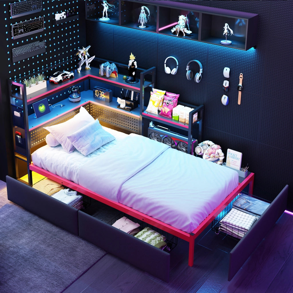 Letto con Cassetti e LED in Metallo ¨C MINIMAL ¨C Nero, con Rete, USB e Pannello Forato