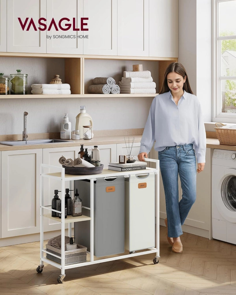 VASAGLE Cesto Portabiancheria a 2 Scomparti, Porta Biancheria 100 L, Carrello per Biancheria, con Ripiani, Sacchi Rimovibili, 6 Etichette, Beige Naturale, Grigio Tortora e Bianco Crema BLH311G01