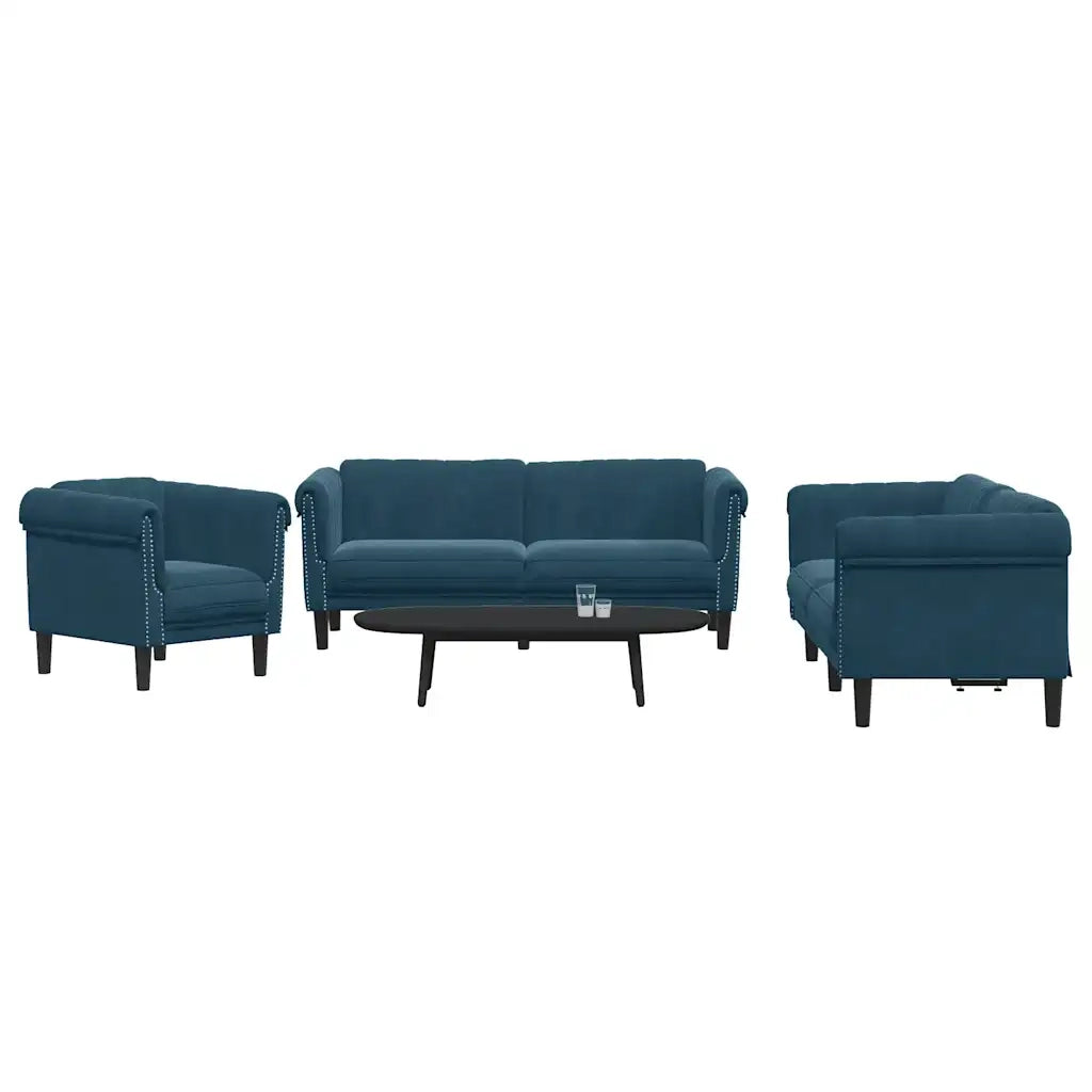 Set di Divani 3 pz Blu in Velluto