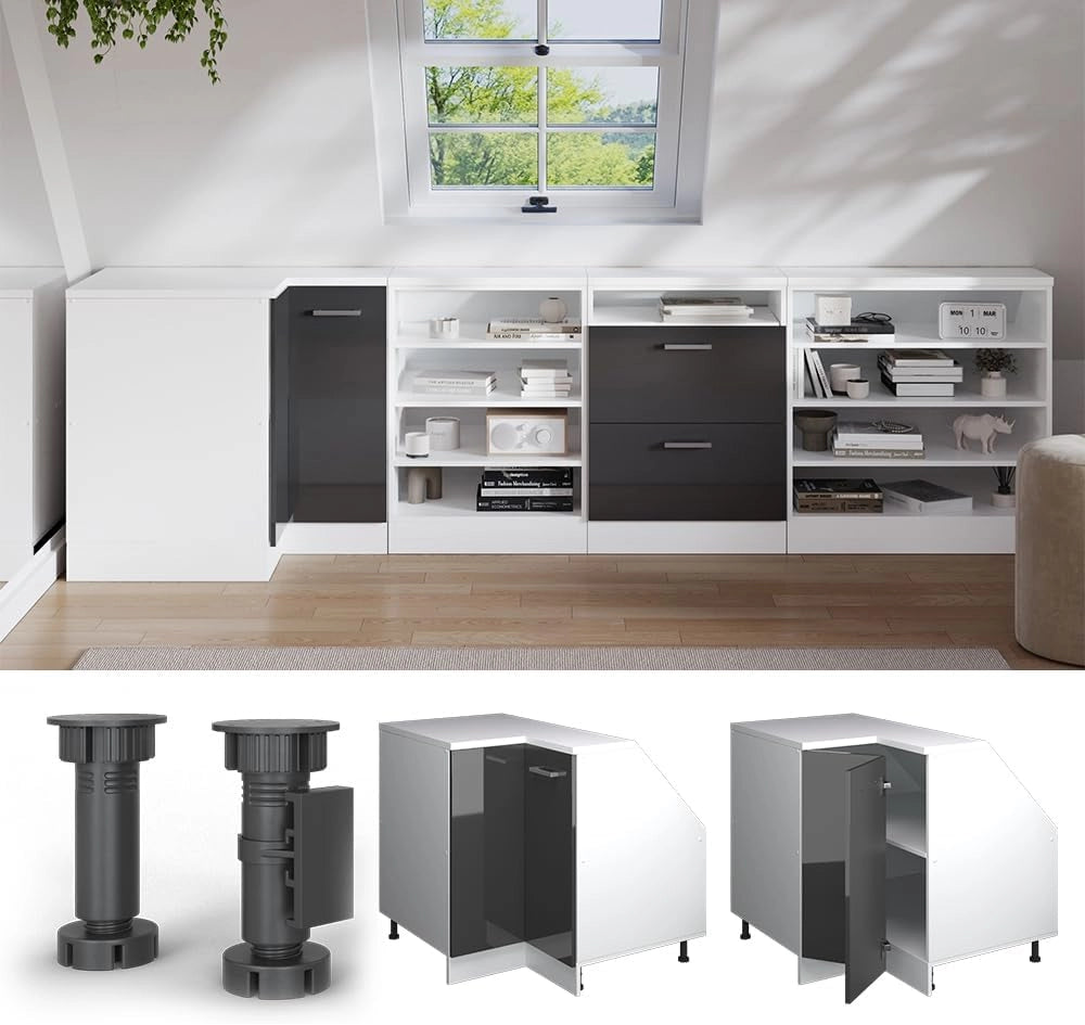 Mobile sottotetto Mobile angolare Rion, Antracite lucido, 75.6 x 81.6 cm con 1 porta, carcassa dell’armadio profondità 60 cm, adatto per il salvaspazio sotto tetti spioventi
