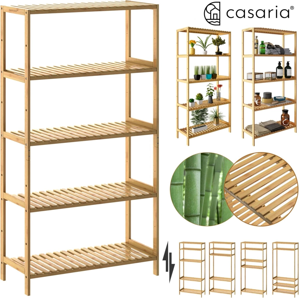 Scaffale Bagno Bamboo 5 Ripiani Altezza Regolabile 130x60x26 cm Mobile Cucina Libreria in Legno Organizer Studio