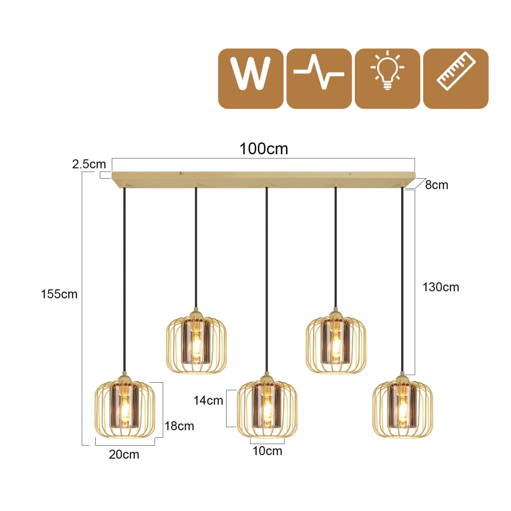 Lampada a sospensione ZMH vintage da tavolo da pranzo a 5 luci E27 per soggiorno (lampadina non inclusa)