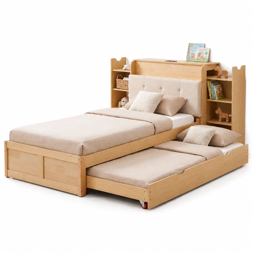 Letto multifunzionale 90x200 cm con letto estraibile; presa EU e USB; legno ingegnerizzato naturale e beige
