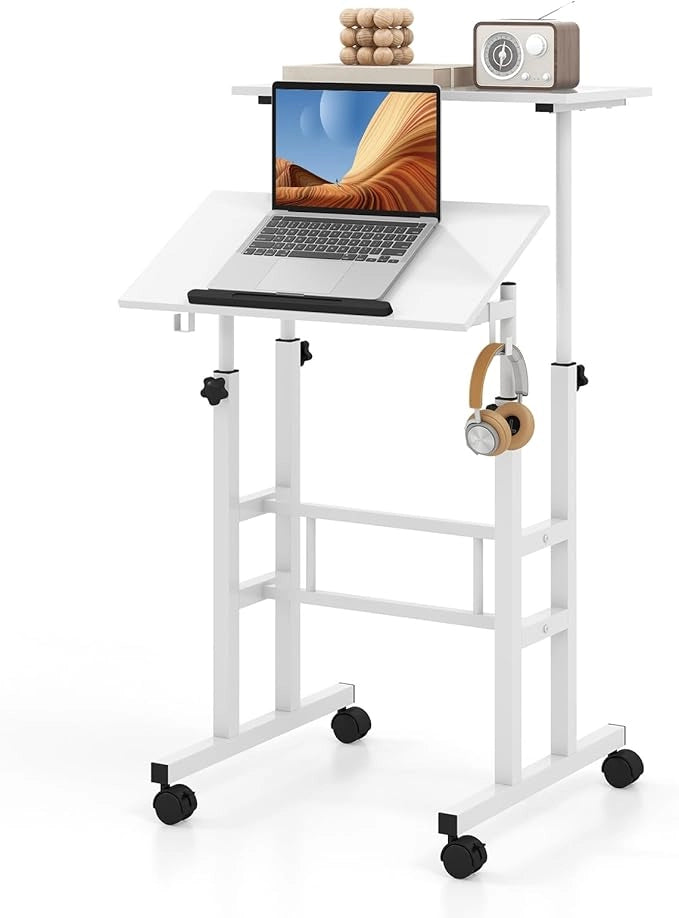 Scrivania per Computer Regolabile in Altezza, Scrivania Salvaspazio con Ruote e Ganci, Tavolo Porta PC per Studio e Ufficio, 60 x 60 x 72-124 cm (Bianco)